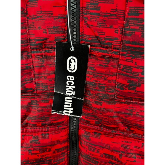 Ecko Unltd Puffer Hoodie Vest Mens XL True Red Flynit Tiger Camo Black Skate NEW - Picture 4 of 14